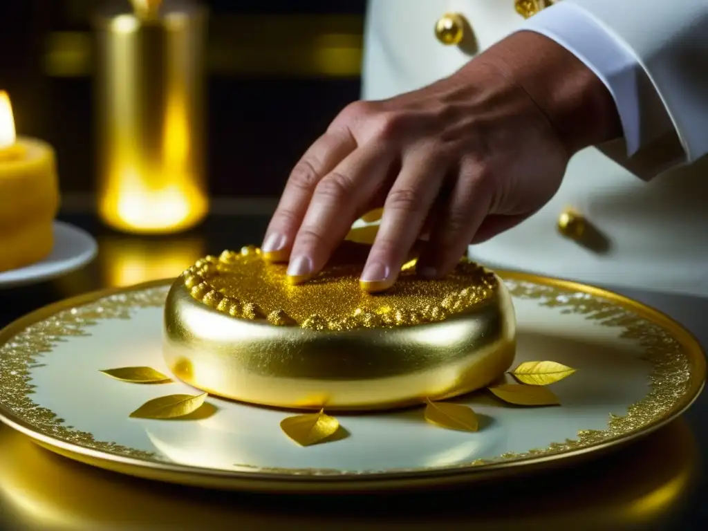 Un chef real coloca con cuidado pan de oro comestible en un postre decadente, mostrando la exclusividad de la gastronomía histórica en cenas reales