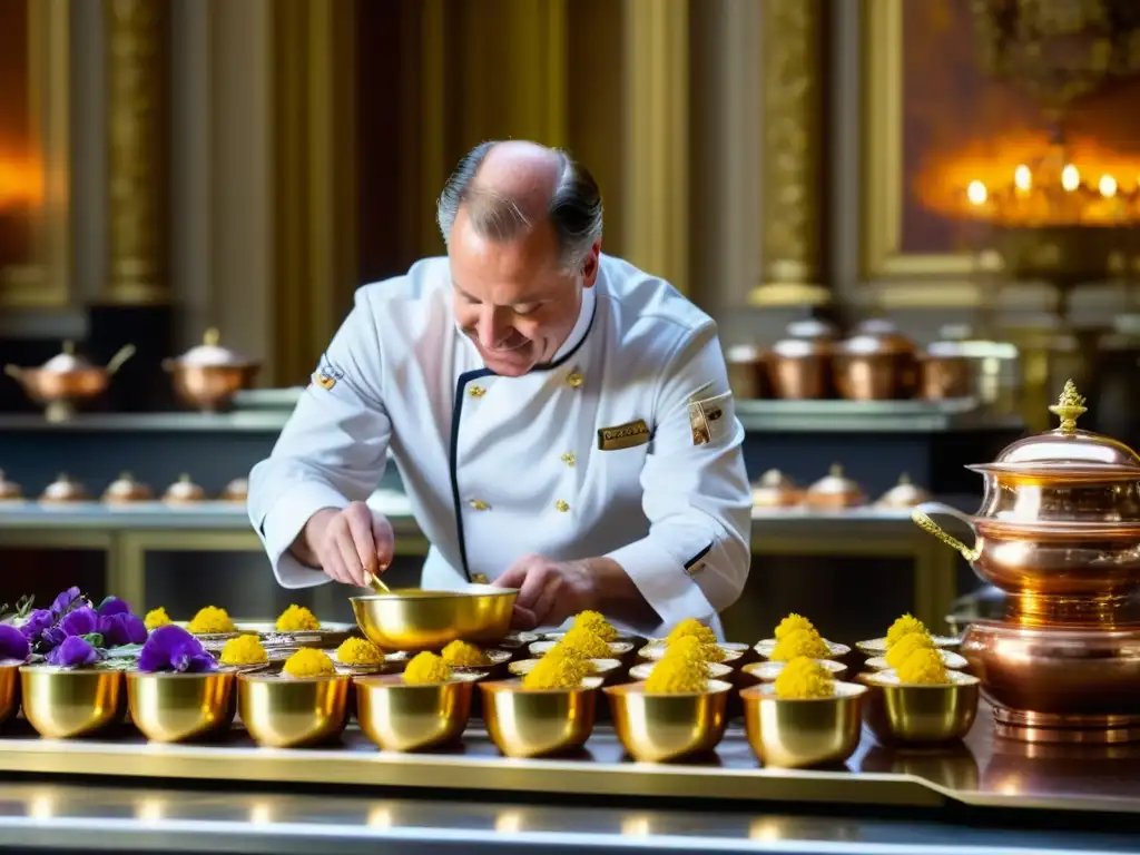 Un chef real elabora una exquisita receta histórica en un palacio europeo, rodeado de lujo y tradición culinaria