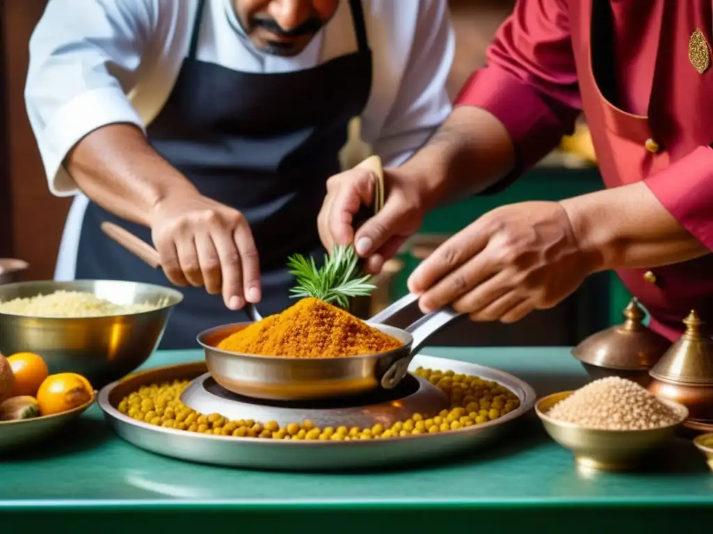 Un chef real marroquí preparando un plato tradicional en una lujosa cocina de Marrakech, fusionando historia y lujo en la cocina real marroquí