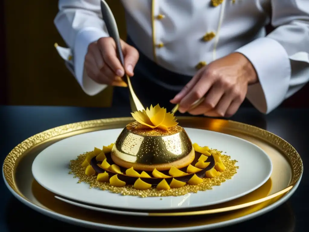 Chef real adornando plato con oro comestible en detalle Un chef real detalladamente decora un plato lujoso con hojuelas de oro comestible, mostrando arte culinario en ultradefinición