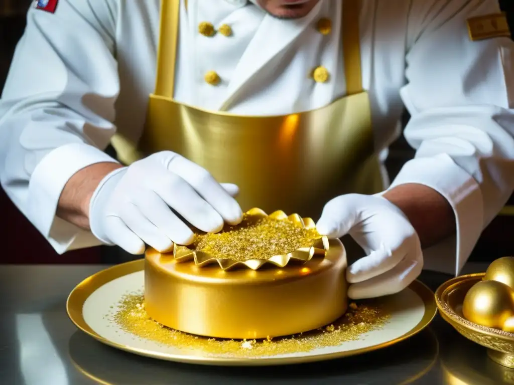 Un chef real decora un postre con láminas de oro en la lujosa cocina del Palacio Real de Madrid