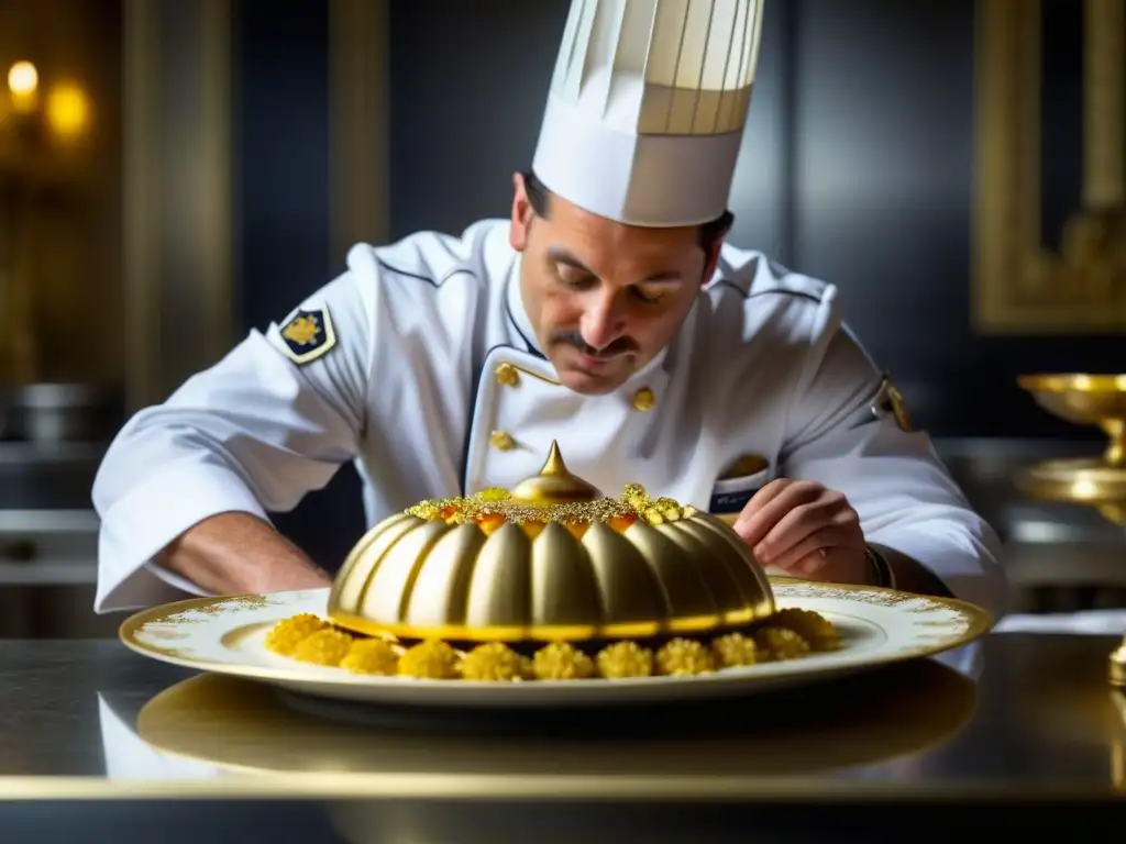 Un chef real decora con precisión un decadente postre en una lujosa cocina