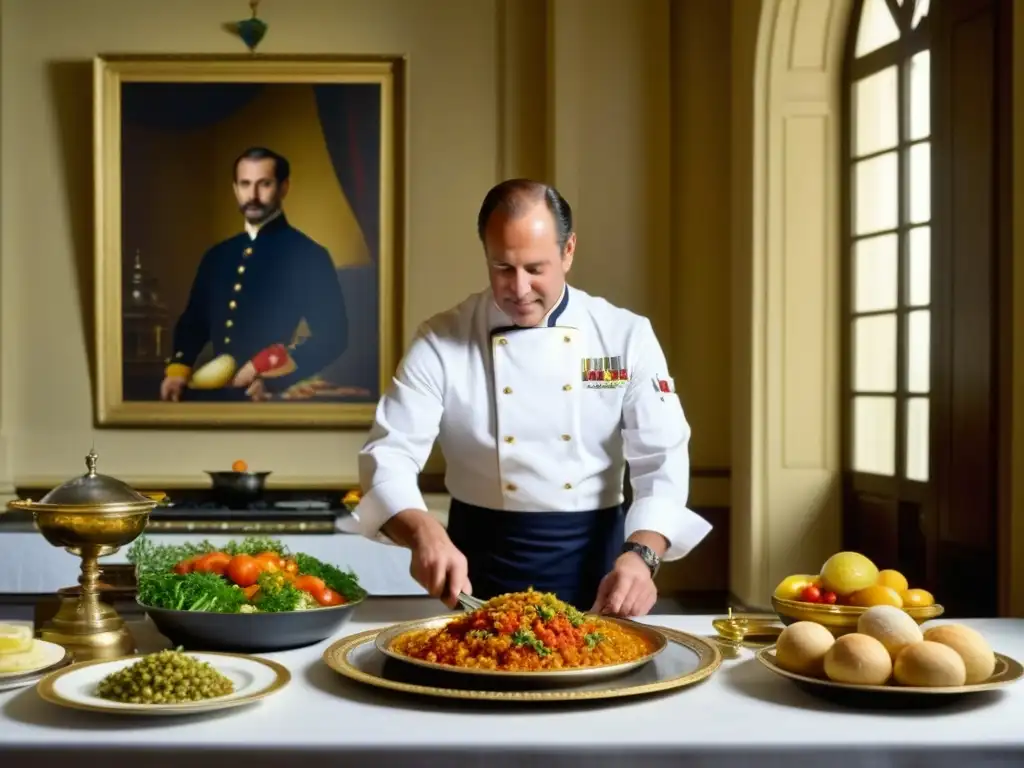 Chef real preparando plato español en palacio Un chef real preparando una receta tradicional española en una cocina palaciega, bajo la influencia de la monarquía española