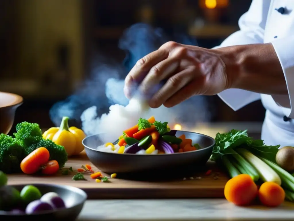 Un chef prepara una receta antigua con destreza, resaltando ingredientes y técnicas culinarias históricas