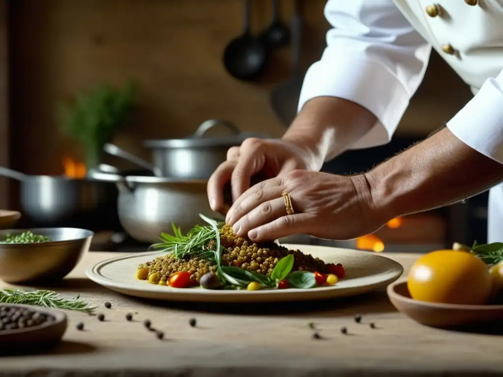 Un chef prepara una receta histórica de alta cocina romana con detalle y pasión en cocina antigua