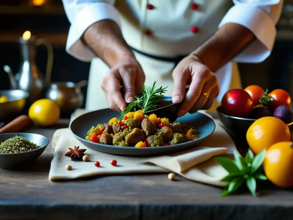 Un chef hábil preparando una receta histórica de Cocina Bizantina con ingredientes y técnicas ancestrales