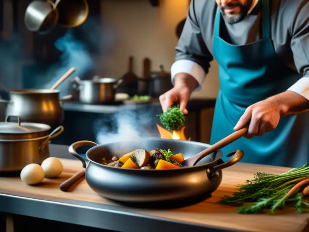 Un chef prepara una receta histórica en una cocina medieval, con utensilios antiguos y ingredientes coloridos