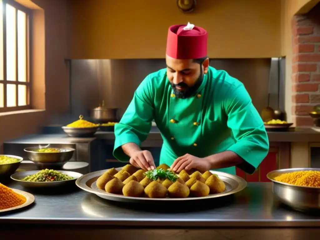 Un chef Mughal prepara una receta histórica con maestría en una cocina bulliciosa, mostrando la rica cultura culinaria Mughal