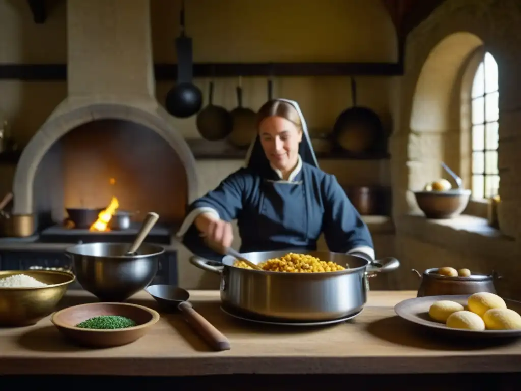 Un chef preparando una receta histórica en una cocina medieval, destacando la autenticidad de la gastronomía de Europa Medieval