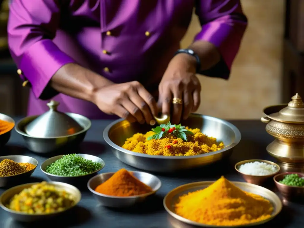 Un chef rajasthani preparando con maestría una receta histórica en una cocina palaciega