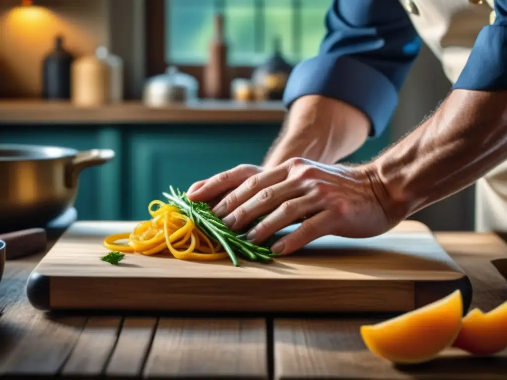 Un chef prepara una receta histórica de cocina americana en una cocina rústica, resaltando colores y texturas