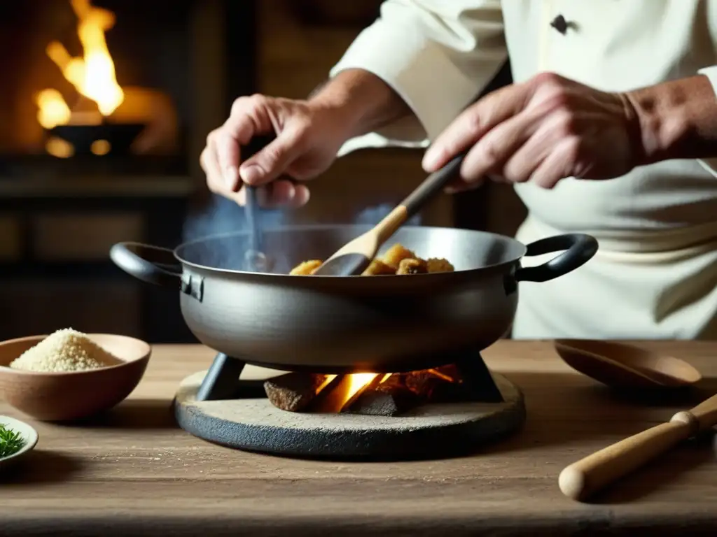 Un chef prepara una receta histórica cultural en una cocina rústica, con utensilios antiguos y fuego crepitante