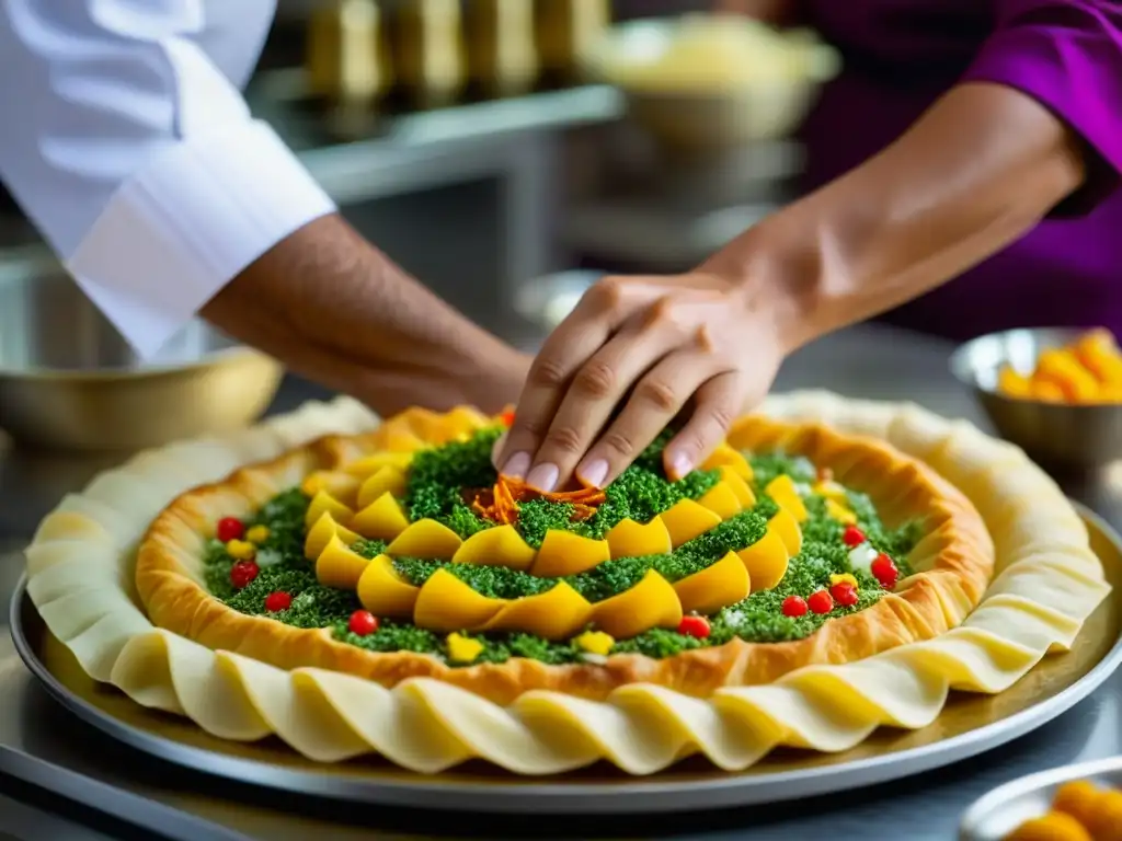 Un chef prepara una receta histórica Dubái con destreza, creando una obra de arte culinaria