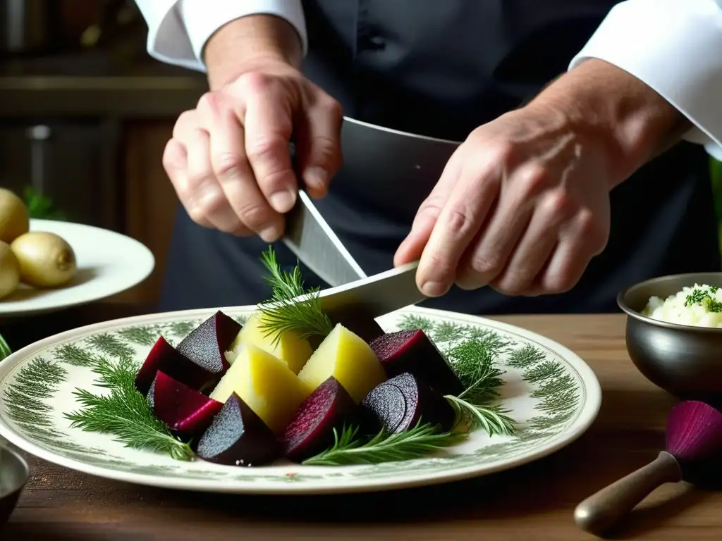 Un chef prepara una receta histórica con destreza y colorido, fusionando la cultura gastronómica antigua y moderna