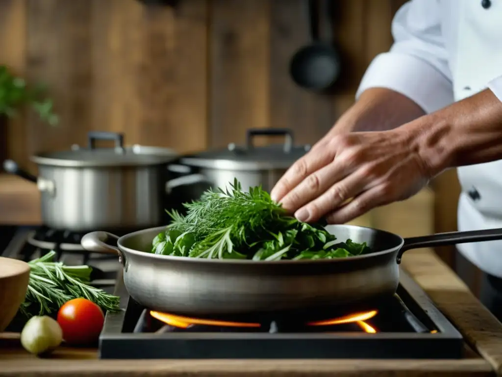 Un chef prepara una receta histórica con detalle en una cocina rústica, evocando tradiciones culinarias