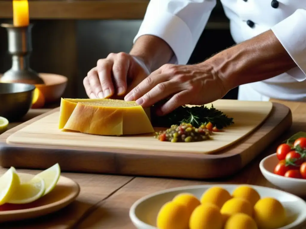 Un chef preparando una receta histórica de la época de oro española en una cocina rústica