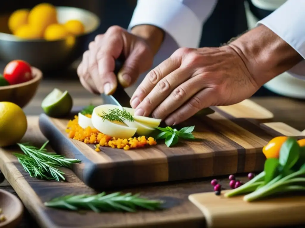 Un chef hábil preparando una receta histórica con ingredientes exóticos, mostrando respeto por las tradiciones culinarias