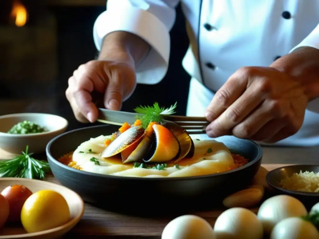 Un chef prepara una receta histórica de centolla patagónica con destreza en una cocina rústica