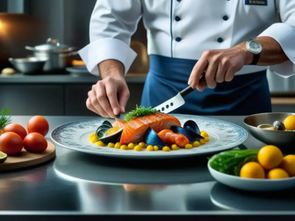 Un chef recrea una receta histórica de pescados y mariscos en una cocina moderna, mostrando detalles y colores vibrantes