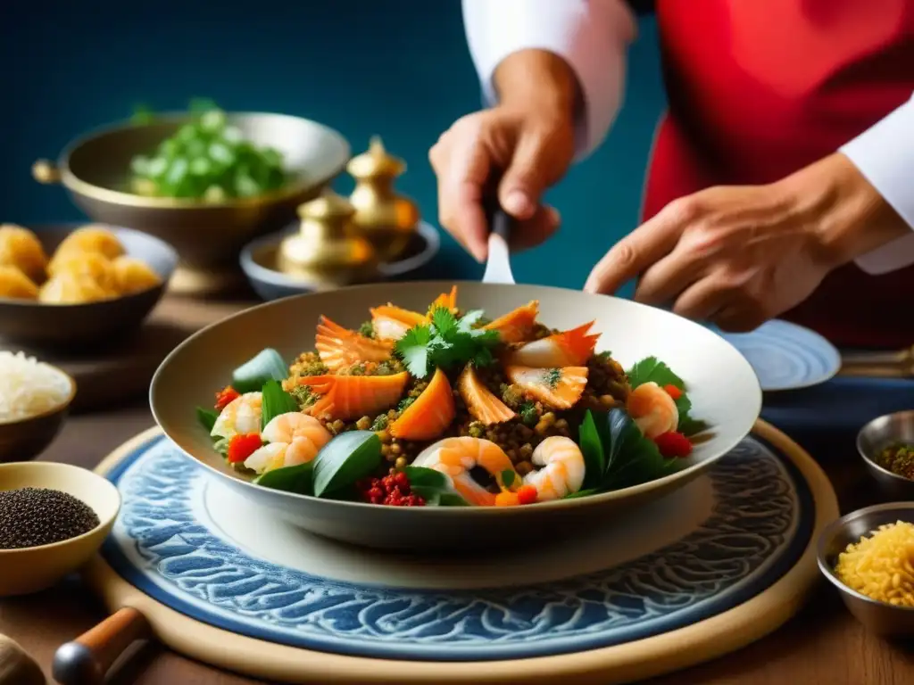 Un chef preparando una receta histórica de la Ruta de la Seda con detallada destreza culinaria