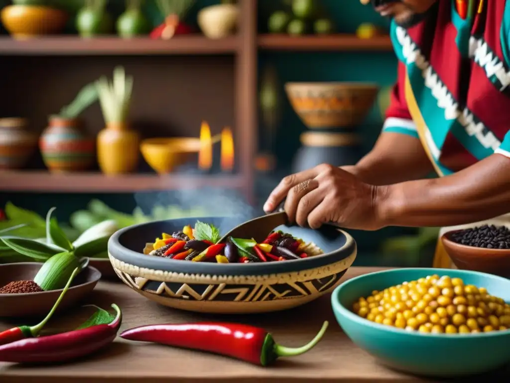 Un chef azteca prepara una receta prehispánica colorida y detallada con ingredientes nutritivos como chiles, maíz, cacao y amaranto