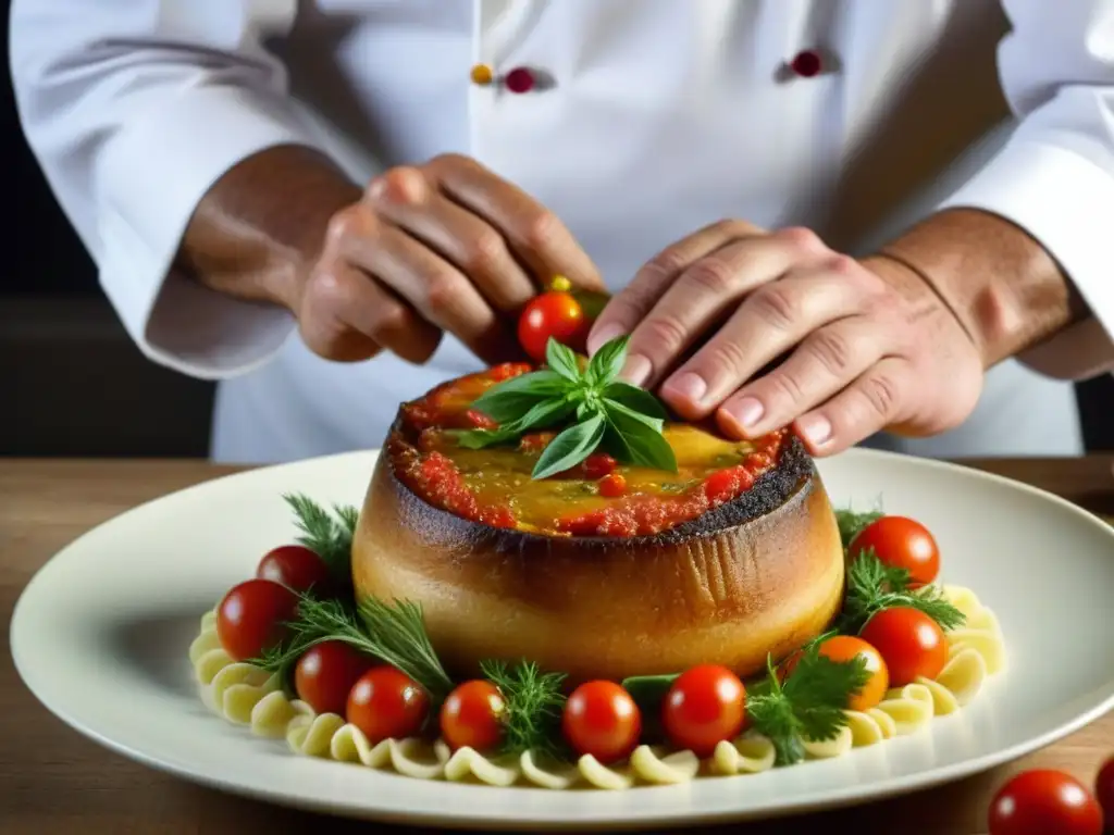 Un chef prepara una receta tradicional de Pamplona histórica con maestría, destacando la artesanía culinaria