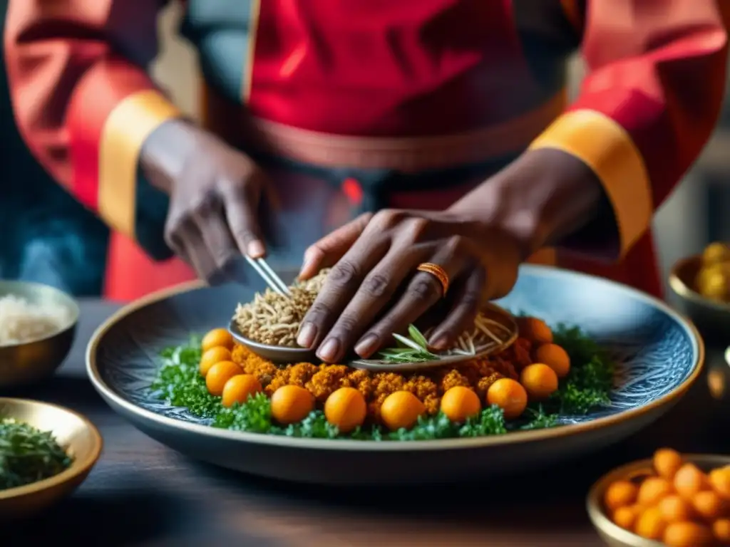 Un chef swahili preparando una receta tradicional, fusionando culturas con ingredientes, especias y técnicas culinarias