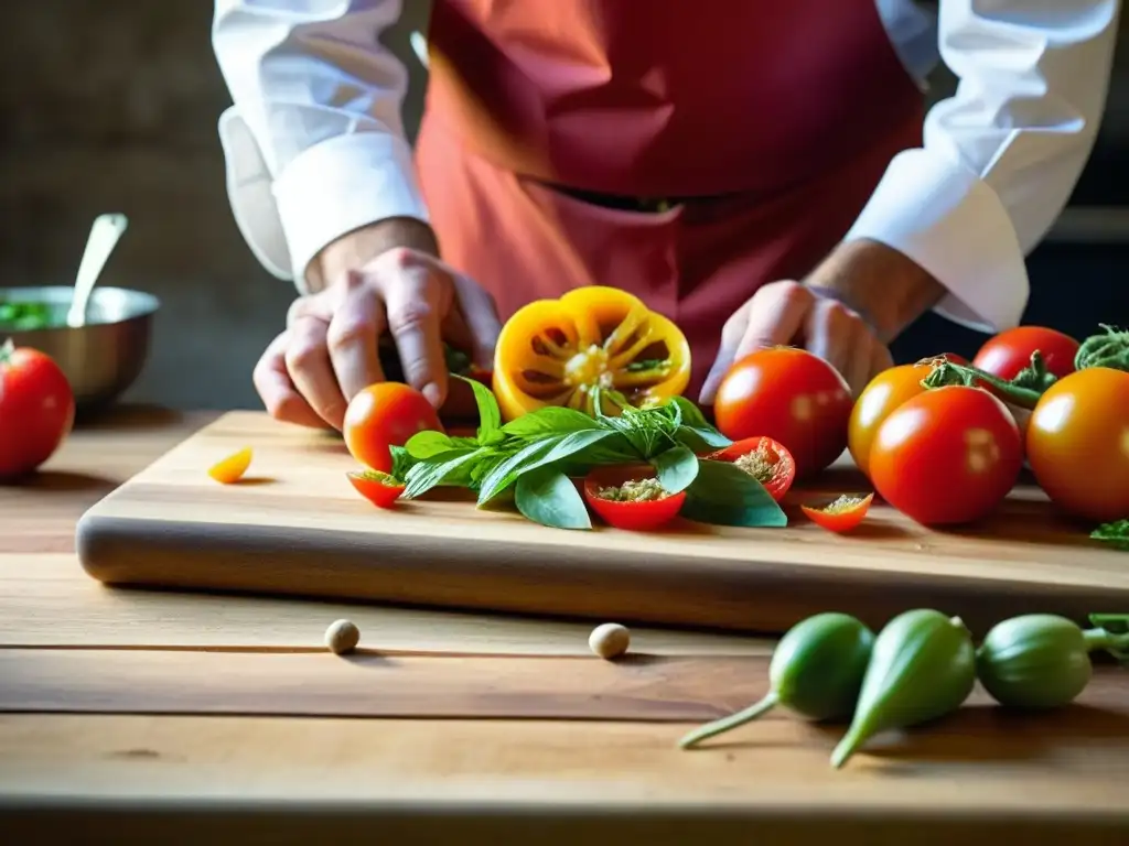 Un chef preparando una receta tradicional de Pamplona histórica con ingredientes frescos en una cocina rústica