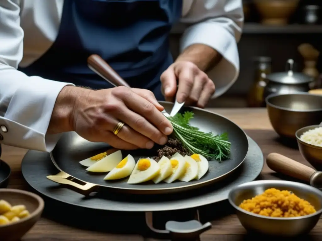 Un chef revive recetas históricas de alta cocina con precisión y arte, rodeado de utensilios e ingredientes antiguos