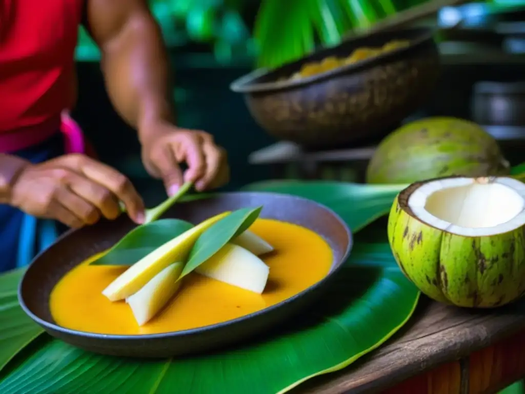 Un chef prepara recetas históricas en una cocina micronesia tradicional, con ingredientes coloridos y técnicas ancestrales