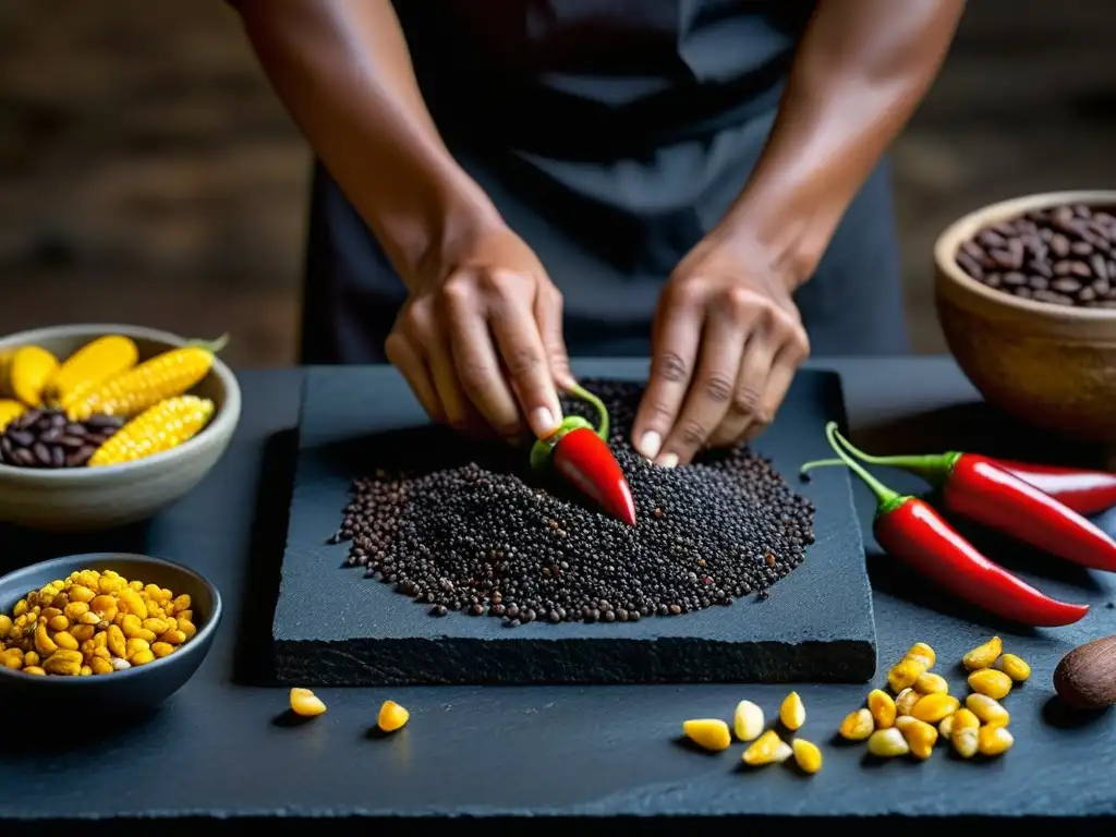 Un chef azteca prepara recetas históricas de cocina azteca, moliendo chiles rojos, maíz dorado y cacao en metate de piedra volcánica