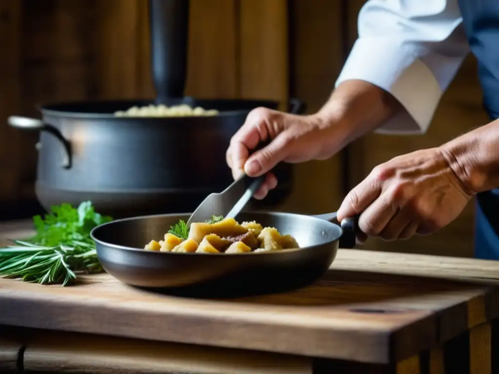 Un chef preparando recetas históricas culturales documentales con utensilios antiguos en una cocina rústica