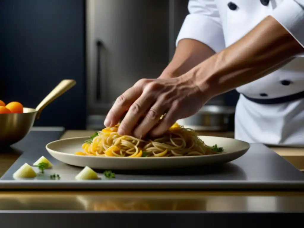 Un chef fusiona recetas históricas culturales con gastronomía moderna en una cocina contemporánea, mostrando la evolución culinaria