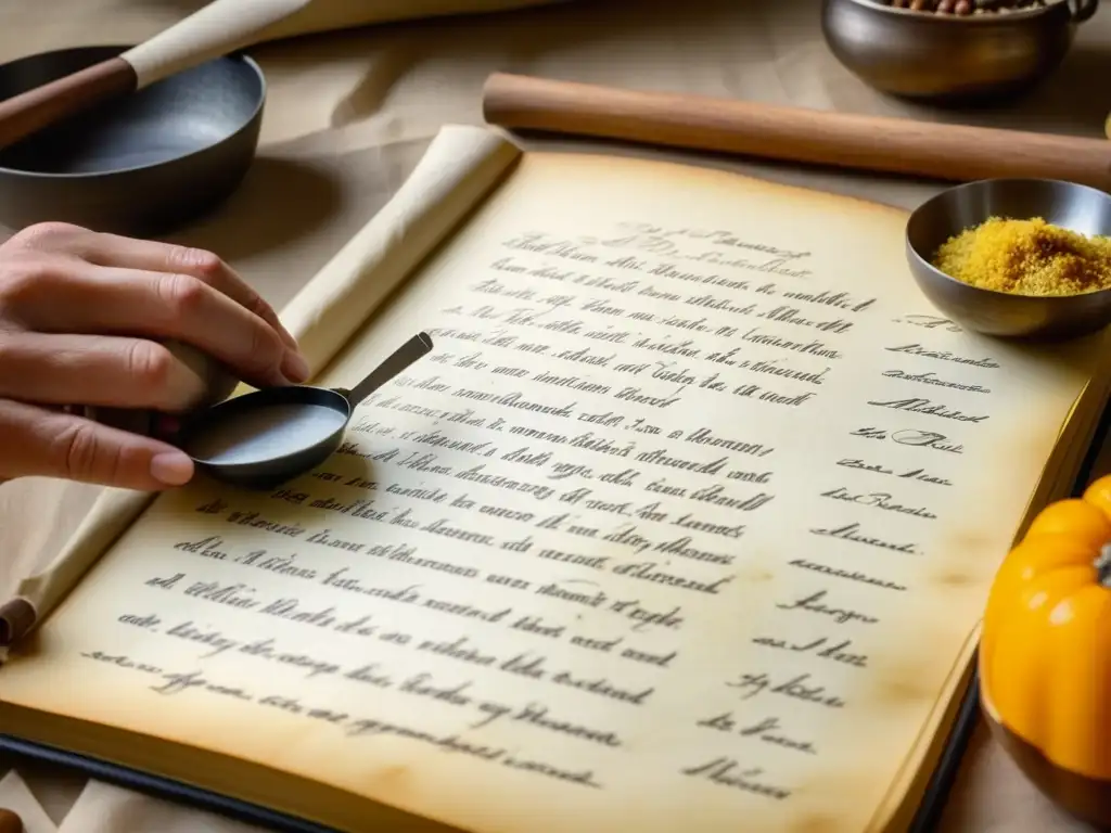 Restauración culinaria: Chef reviviendo recetas centenarias Un chef restaurando recetas históricas culturales gastronomía antigua con delicadeza, rodeado de utensilios vintage y especias