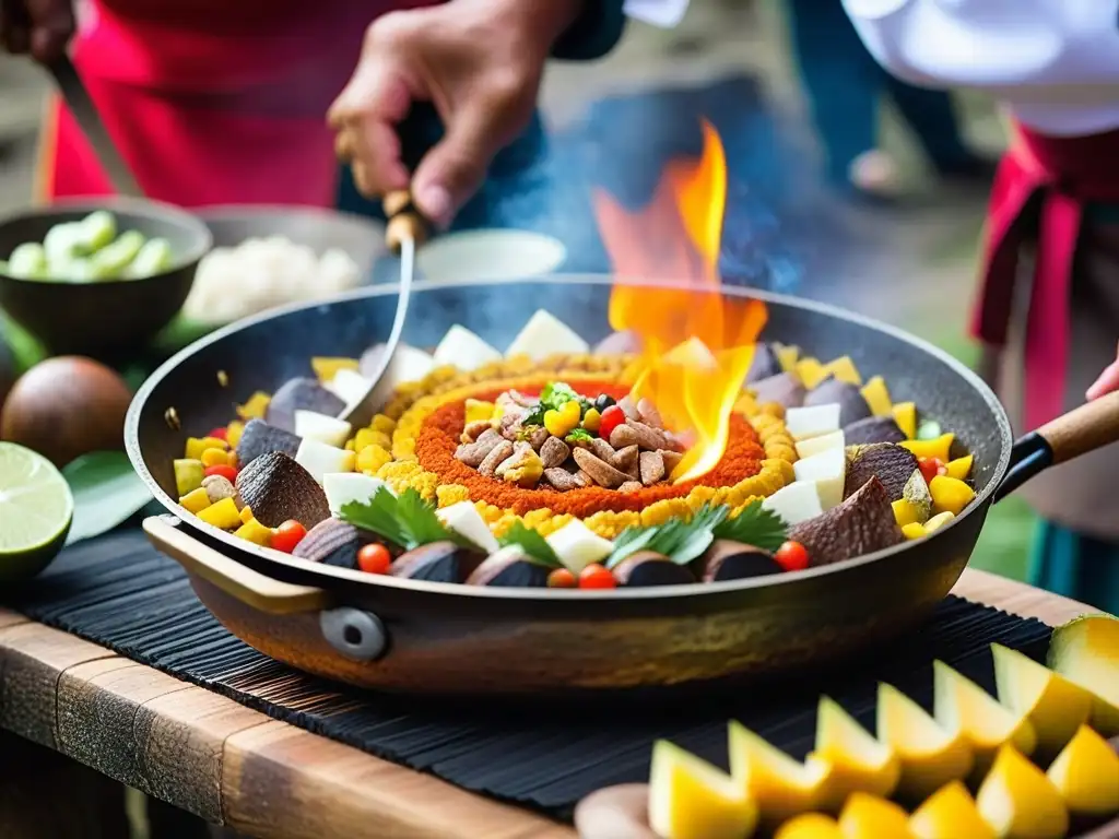 Un chef preparando recetas históricas en el Festival de Machu Picchu, con ingredientes vibrantes y técnicas culinarias