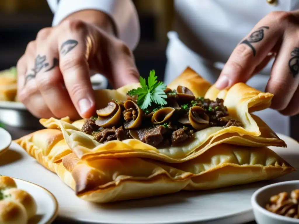 Chef fusionando recetas históricas francesas con twist ruso en masa de hojaldre, manos adornadas con tatuajes culinarios