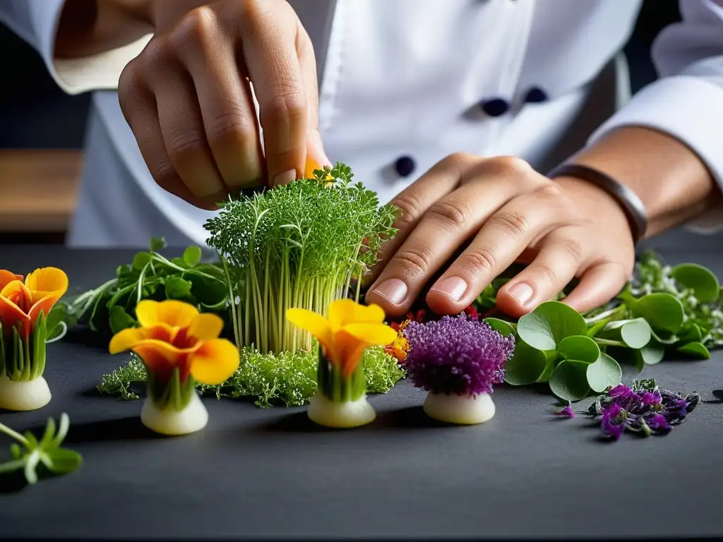 Un chef reinterpreta recetas históricas con gastronomía moderna, colocando flores y microgreens con destreza y colorido