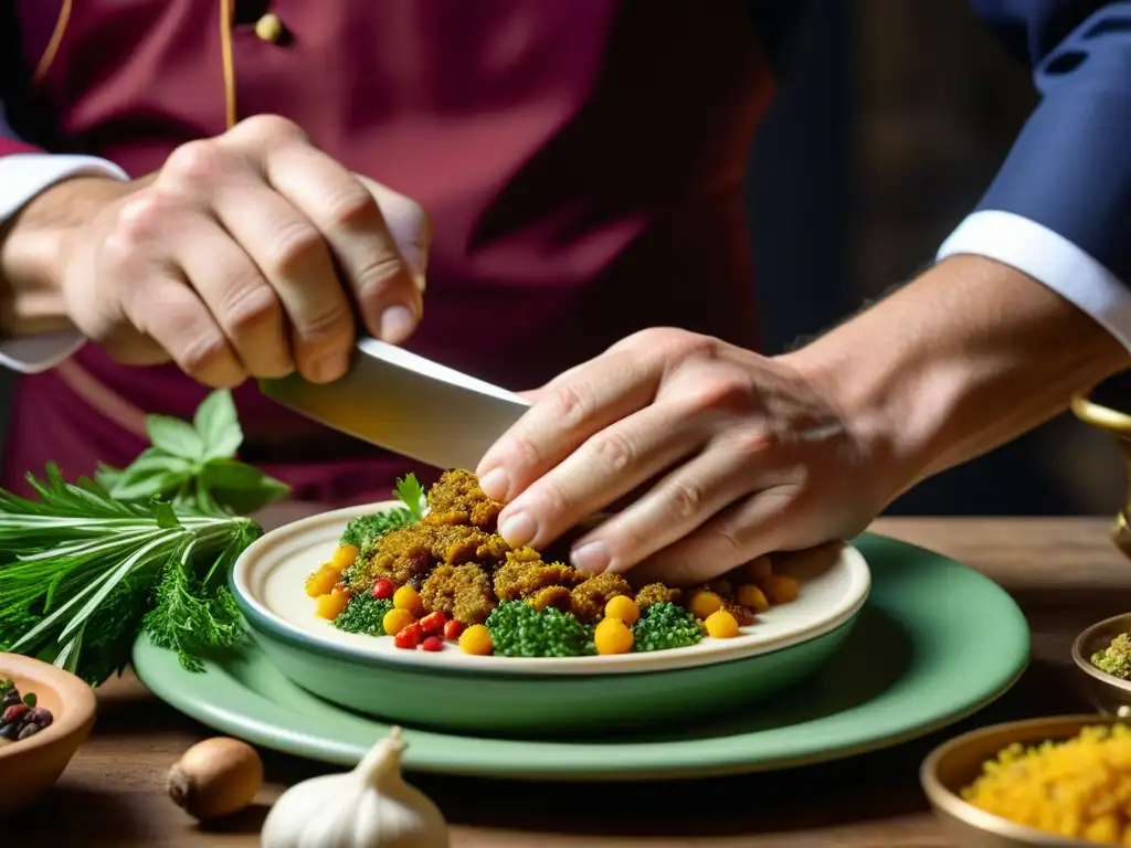 Chef preparando recetas históricas Renacimiento Italiano con detalle y destreza culinaria