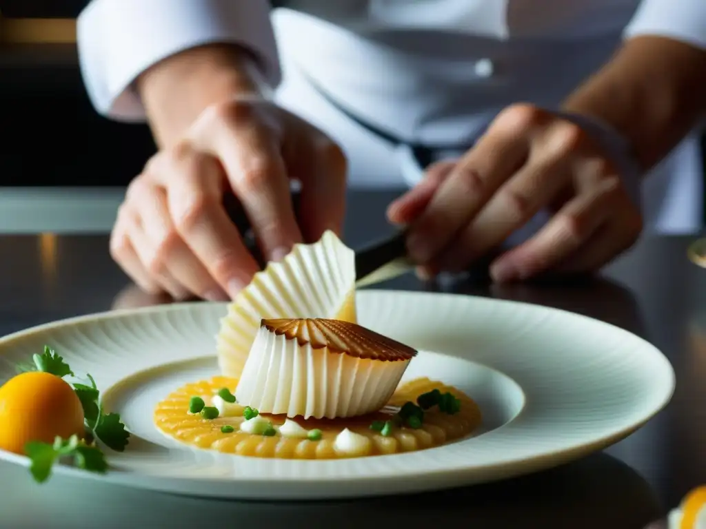 Un chef preparando recetas históricas de vieiras modernas en una cocina gourmet