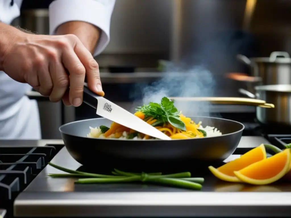 Chef creando plato innovador en cocina de alta gama Un chef crea una reinterpretación moderna en una cocina de alta gama