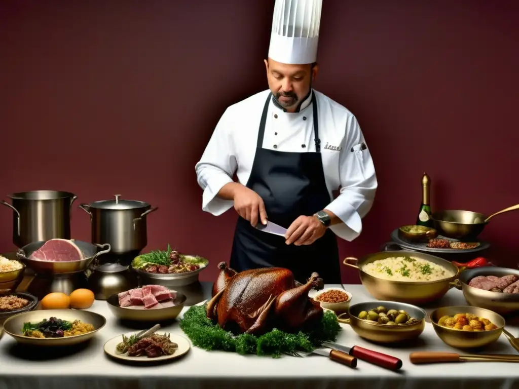 Un chef renacentista preparando una lujosa festín con carnes de caza, destacando la importancia de la cocina renacentista