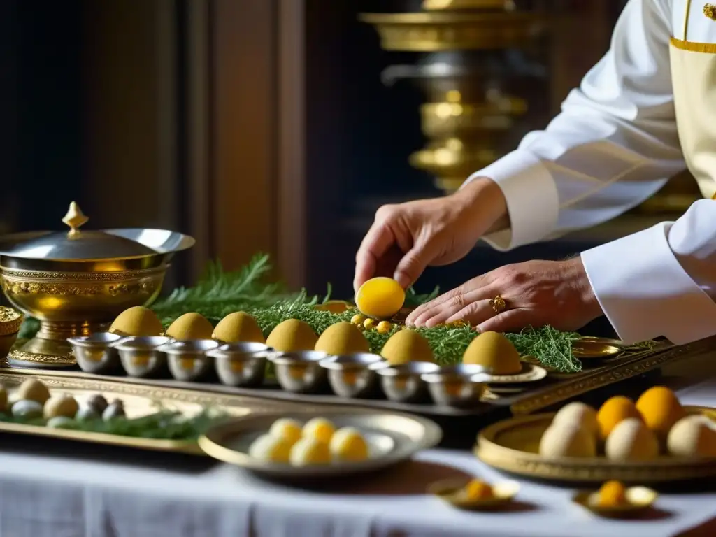 Chef renacentista preparando banquete histórico Un chef renacentista preparando una mesa lujosa con recetas históricas del siglo XV