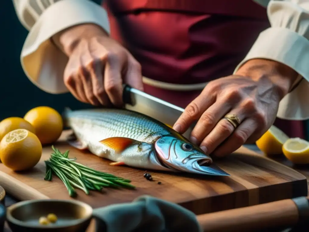 Un chef renacentista cortando un pescado fresco con precisión, destacando la importancia del pescado en el Renacimiento culinario