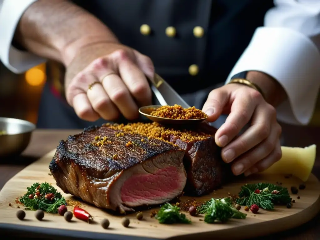 Un chef renacentista sazona una carne con técnicas culinarias meticulosas