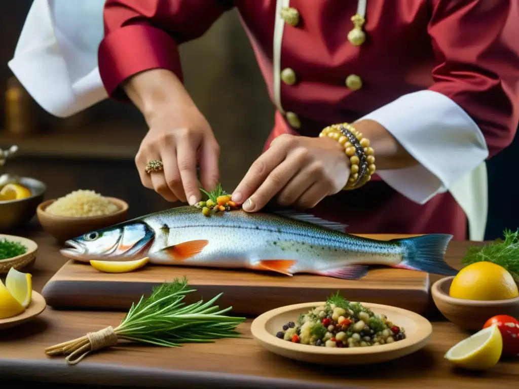 Un chef renacentista sazona con maestría pescado fresco, destacando la importancia del pescado en el culinario Renacimiento