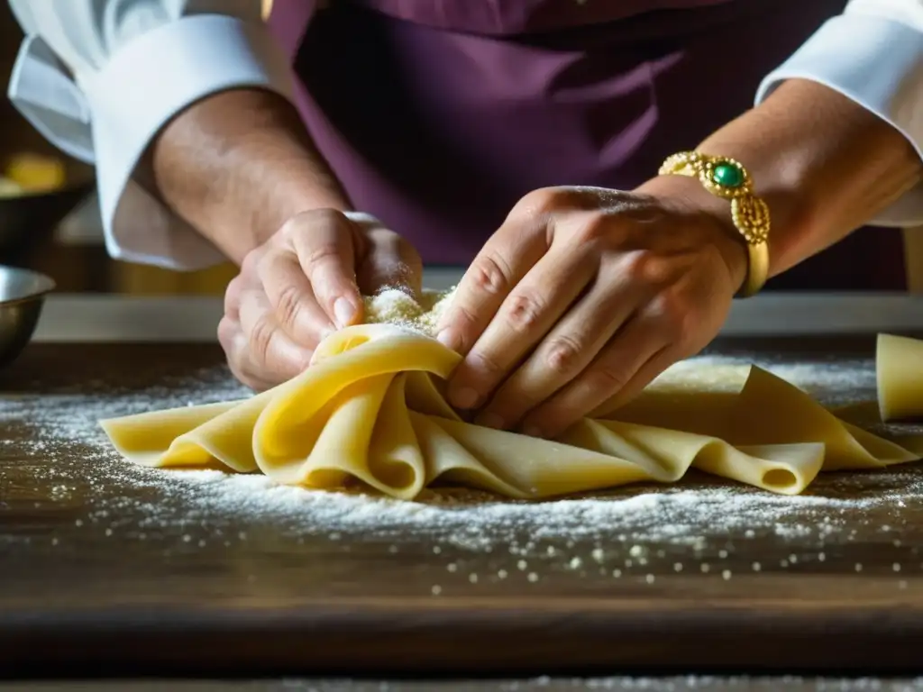 Chef del Renacimiento elaborando pasta auténtica con dedicación