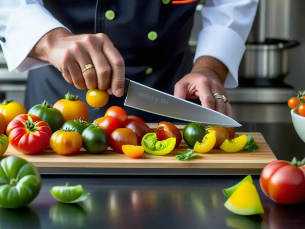 Un chef renombrado corta tomates herencia con destreza, honrando recetas históricas culturales detalladas