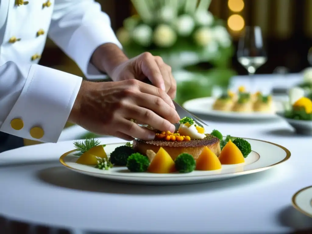 Un chef renombrado crea una exquisita obra en un lujoso comedor, fusionando tradición y lujo en alta cocina de Cenas de Estado