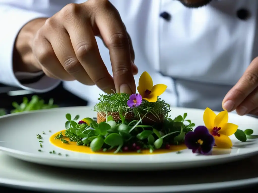 Un chef renombrado detallando un exquisito plato con microgreens y flores comestibles en una cocina prestigiosa