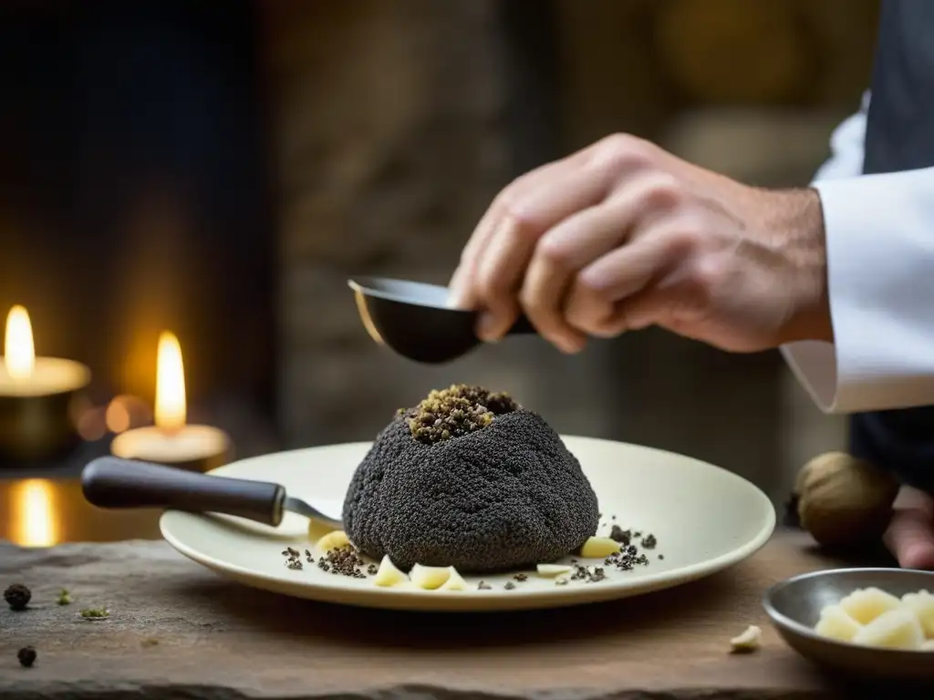 Un chef renombrado raspando una trufa negra sobre un plato en una cocina renacentista